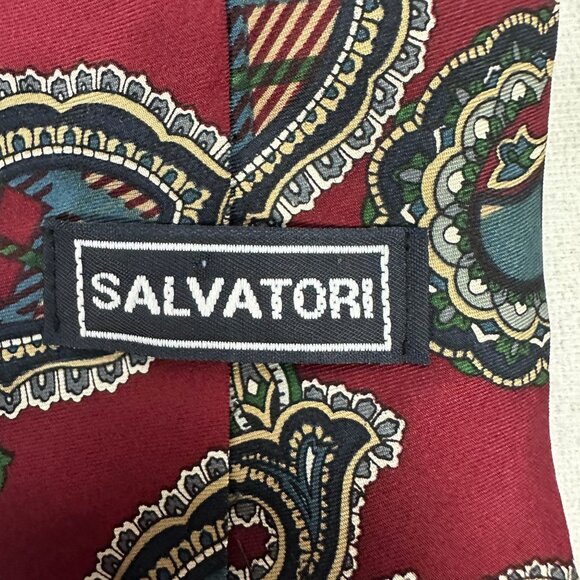 Vintage Salvatori Paisley Silk Tie Red & Green 100% Silk Made In USA Mens - Picture 3 of 4